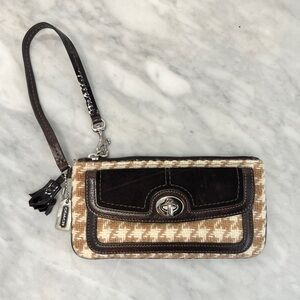 Vintage Coach Brown Suede & Beige Wool Houndstooth Wristlet